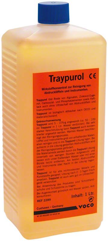 Traypurol® 1 Liter Flasche mit rotem Etikett für zahnmedizinische Instrumentenreinigung.