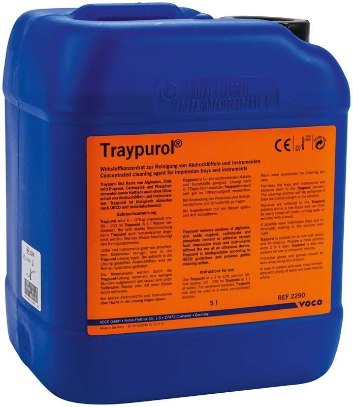 Blauer 5-Liter-Kanister Traypurol® Instrumentenreiniger mit orangefarbenem Etikett.
