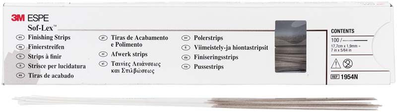 Sof-Lex™ Finierstreifen-Verpackung mit Sichtfenster und Produktinformationen.