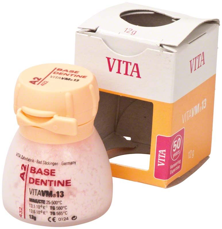 VM13 Base Dentin A2, 12g, mit Verpackung und Produktdetails sichtbar.