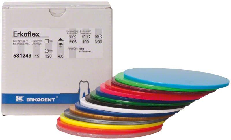 Erkoflex Farbset mit bunten Kunststoffscheiben und Verpackung.