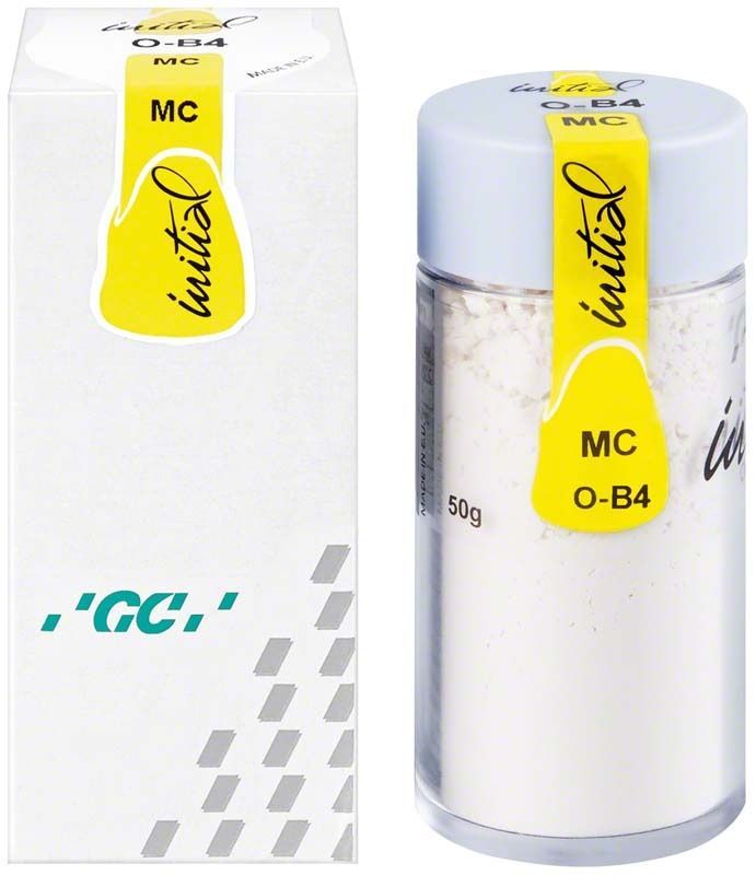 GC Initial MC Powder Opaque 50g O-B4 in transparenter Dose mit gelbem Etikett.