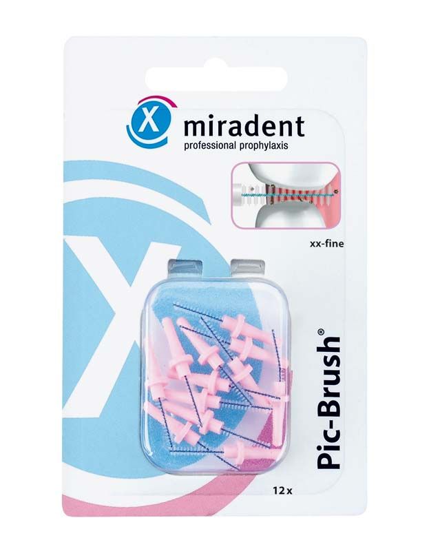 Ersatzbürsten Pic-Brush® 12er pink xx-fine in Verpackung mit sichtbaren Bürsten.