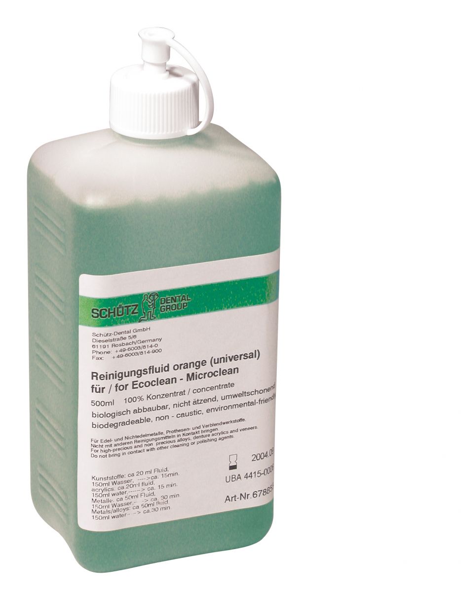 Grüne Flasche der Reinigungsflüssigkeit Microclean mit Etikett und Dosierkappe.