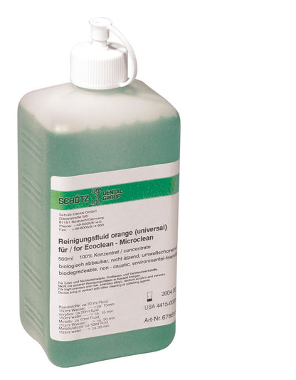 Grüne Flasche der Reinigungsflüssigkeit Microclean mit Etikett und Dosierkappe.