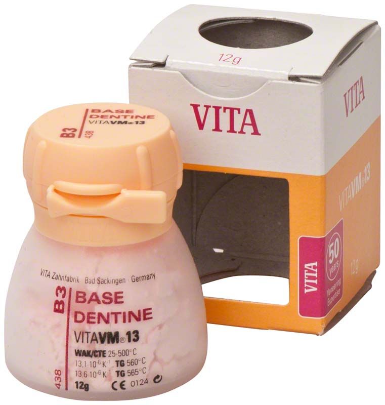 VM13 Base Dentin B3, 12g Dose vor Verpackung mit VITA-Logo.