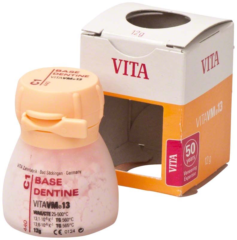 VITA VM13 Base Dentin 12g C1 mit Verpackung im Hintergrund