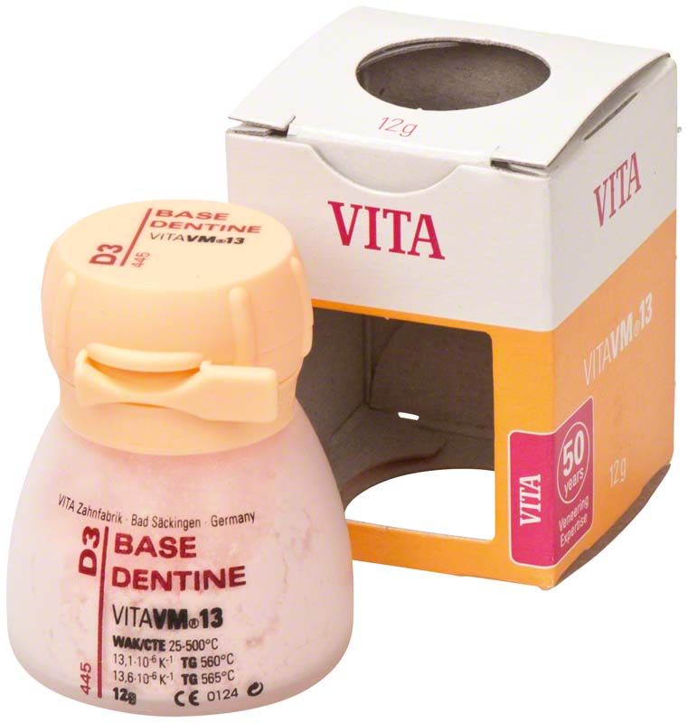 Kleine Dose VM13 Base Dentin D3 mit geöffneter Verpackung.
