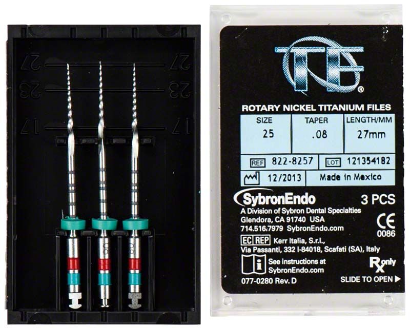 SybronEndo TF® Twisted Feilen 27mm 25/.08 in Verpackung mit Produktdetails.