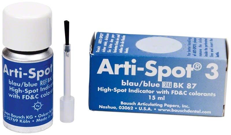 Arti-Spot 3 blau, Flasche und Verpackung für dentale Anwendung.