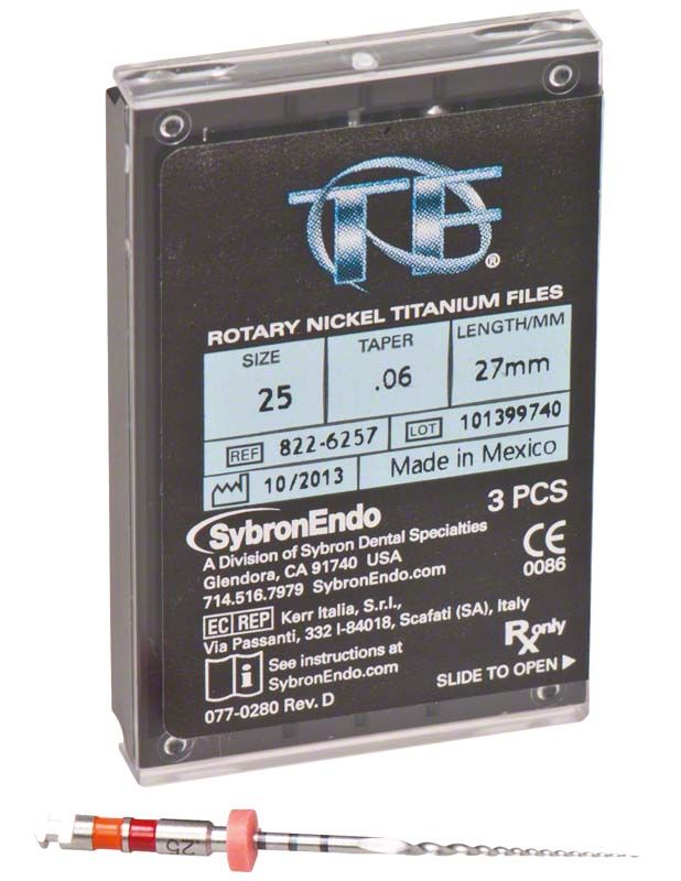 Endodontiefeilen SybronEndo TF®, 27mm, 25/.06, in Verpackung.