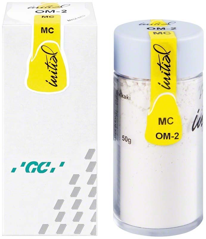GC Initial MC Pulver Opaque Modifier 50g, Verpackung und Glasbehälter.