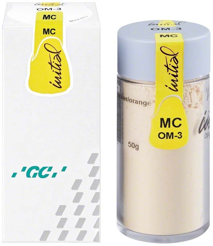 GC Initial MC Powder Opaque Modifier 50g, Verpackung und Glasbehälter mit gelbem Etikett.