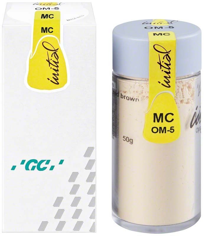 GC Initial MC Powder Opaque Modifier 50g, Produktverpackung und Glasbehälter.
