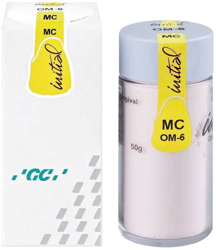 GC Initial MC Powder Opaque Modifier 50g, Verpackung und Flasche mit gelbem Etikett.