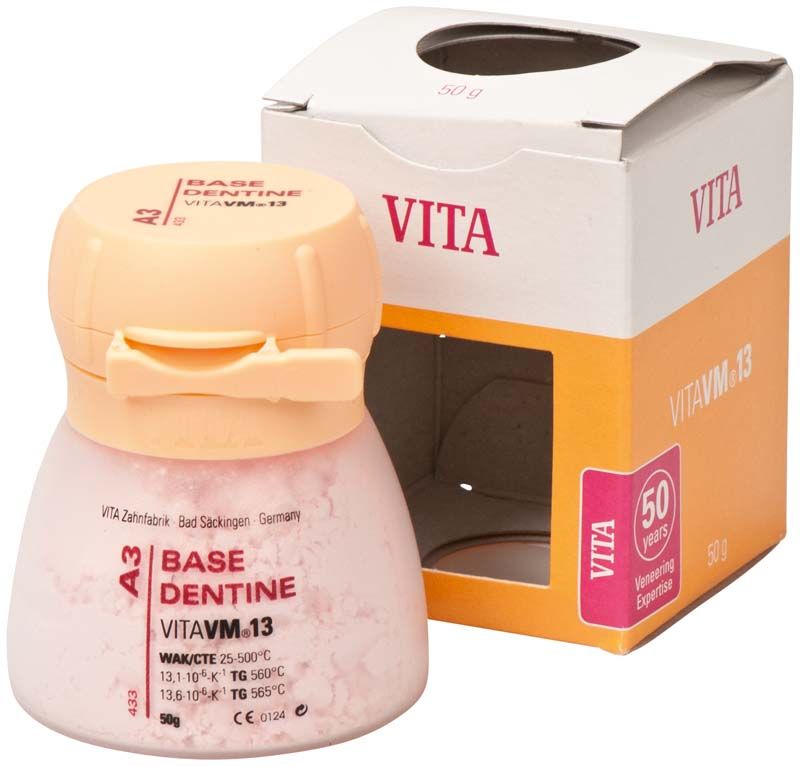 VITA VM13 Base Dentin A3 Keramikpulver neben Verpackung.