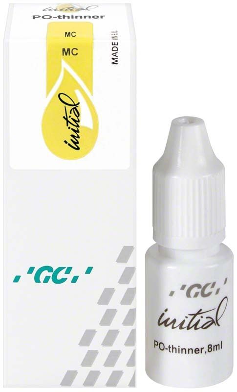 GC Initial MC Paste Opaque Thinner Flasche neben Verpackung mit gelbem Tropfensymbol.