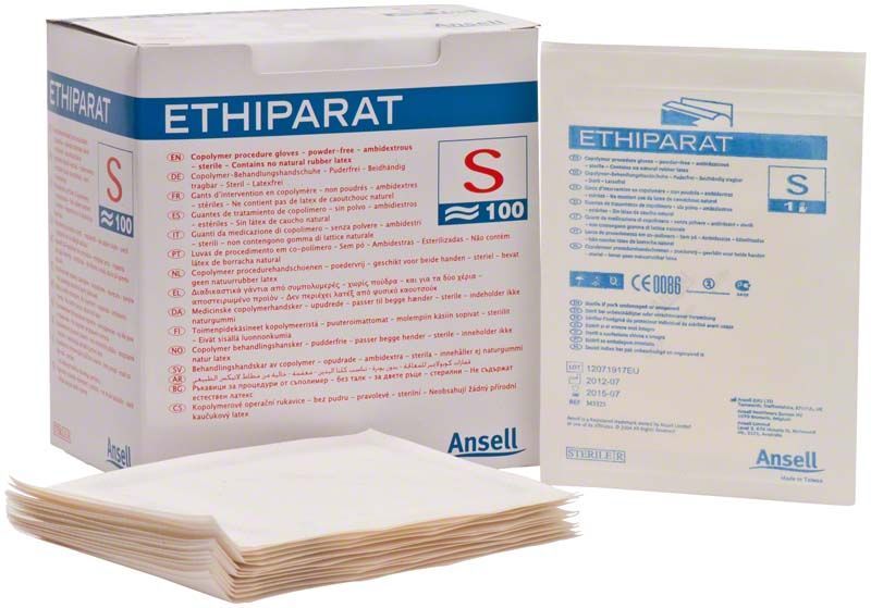 Ethiparat™ Sterilhandschuhe Größe S in Verpackung mit Produktinformationen
