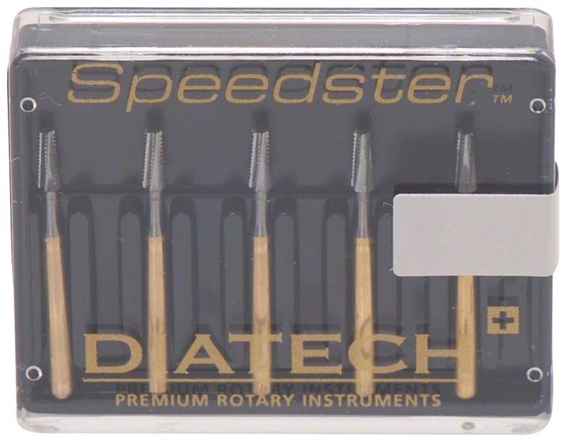 Kunststoffbox mit fünf DIATECH Speedster FG S6 016 Dentalbohrern.