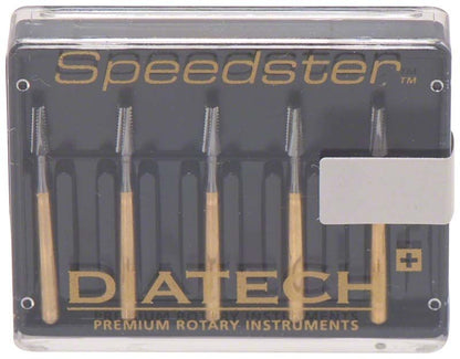 Kunststoffbox mit fünf DIATECH Speedster FG S6 016 Dentalbohrern.