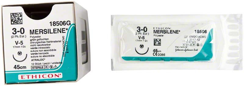 Mersilene 3/0 V5 chirurgisches Nahtmaterial in Verpackung von Ethicon.