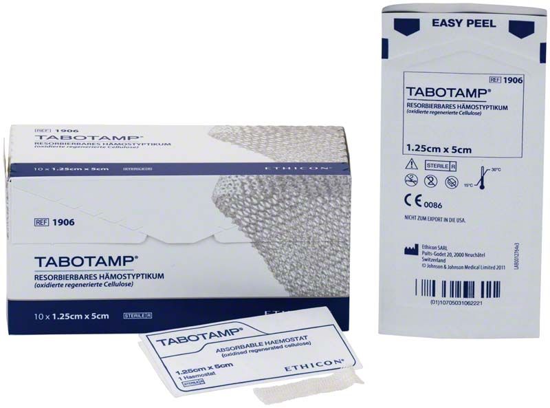 TABOTAMP® Gazestreifen Verpackung mit Produktdetails und Streifenansicht.