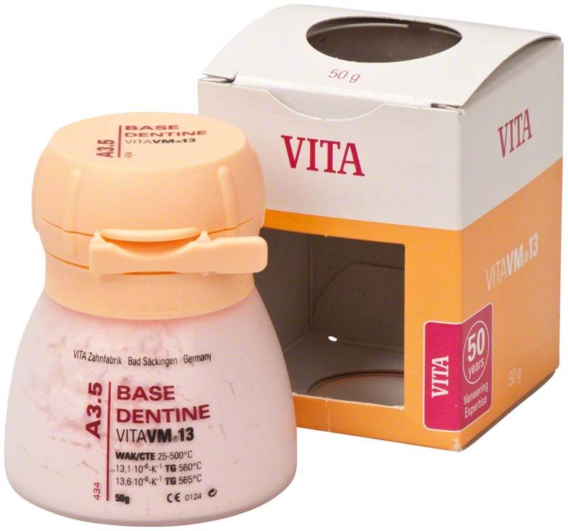 VITA VM13 Base Dentin A3,5 mit Verpackung und 50g Inhalt.