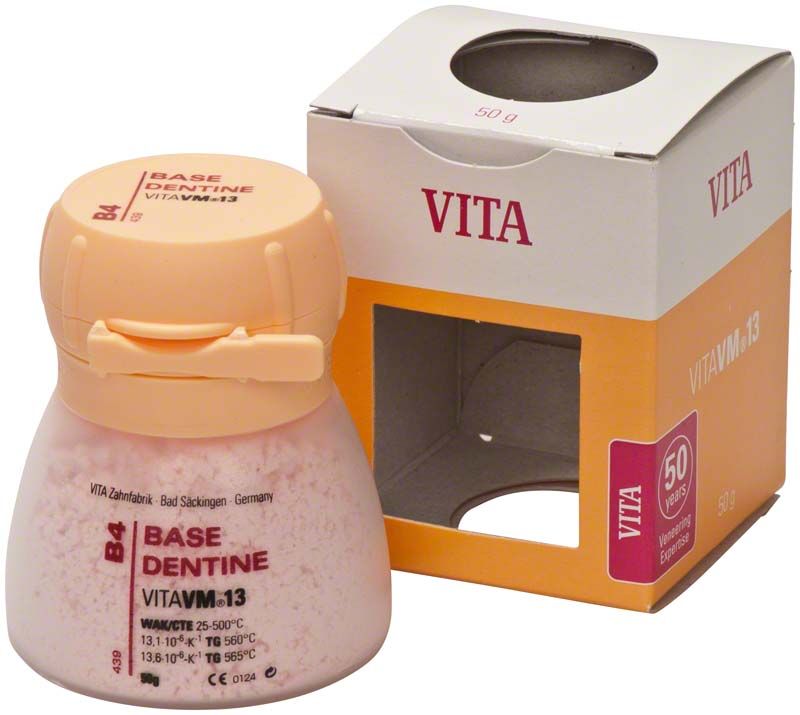 VM13 Base Dentin 50g B4, Verpackung mit Glasbehälter und Deckel.