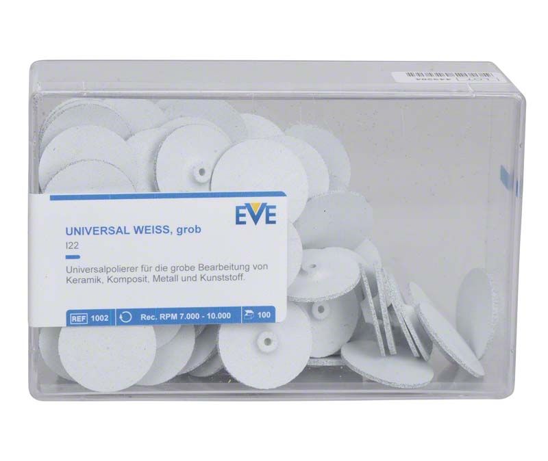 Universalschleifscheiben in weißer Farbe, unmontiert in transparenter Box.