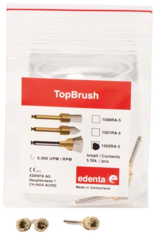 TopBrush Kelch Prophylaxe-Polierer in Kunststoffverpackung mit sichtbaren Bürsten.