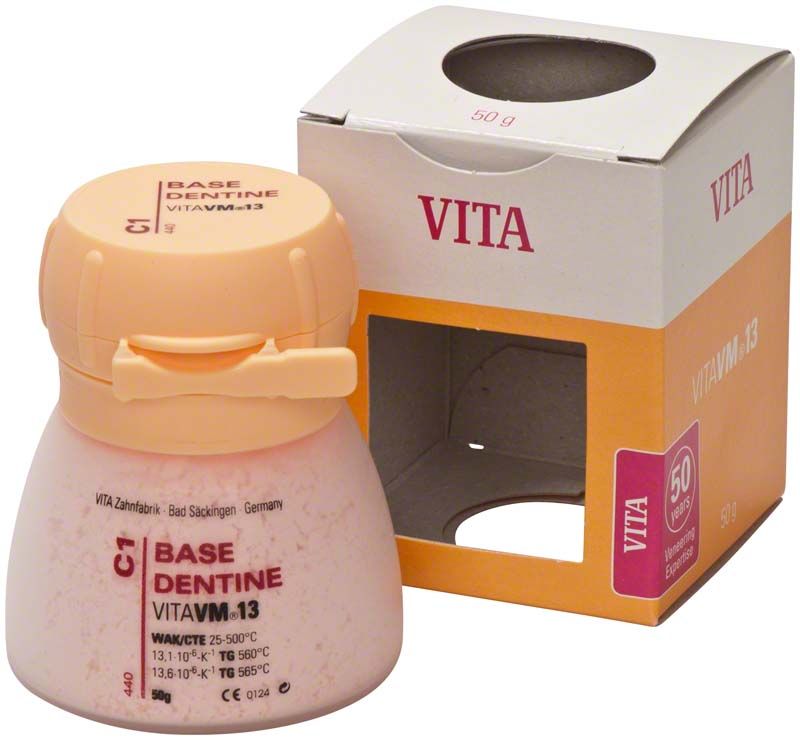Klassische Dentinpulverflasche VM13 C1 mit Verpackung.