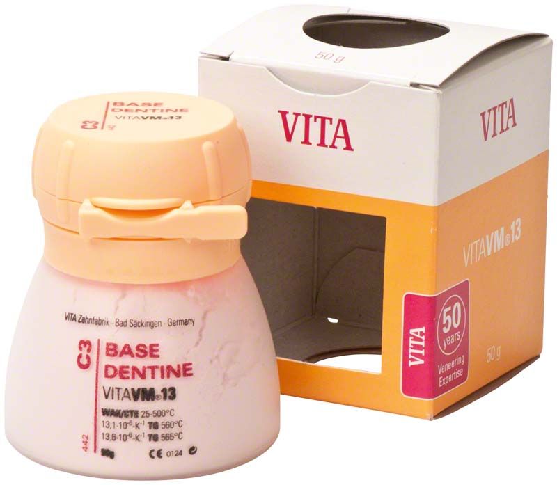 VM13 Base Dentin 50g C3 mit Verpackung im Hintergrund.