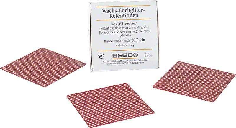 Wachs-Lochgitter-Retentionen von BEGO für Dentalprothesen, drei rote Gitterstrukturen.