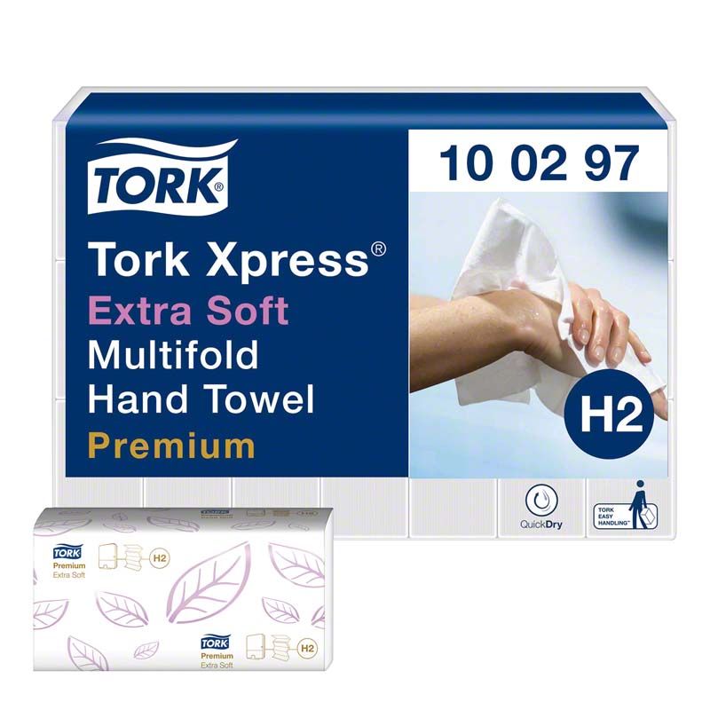 Tork Xpress Extra Soft Multifold Handtuch in weißer Verpackung mit Dekorprägung.