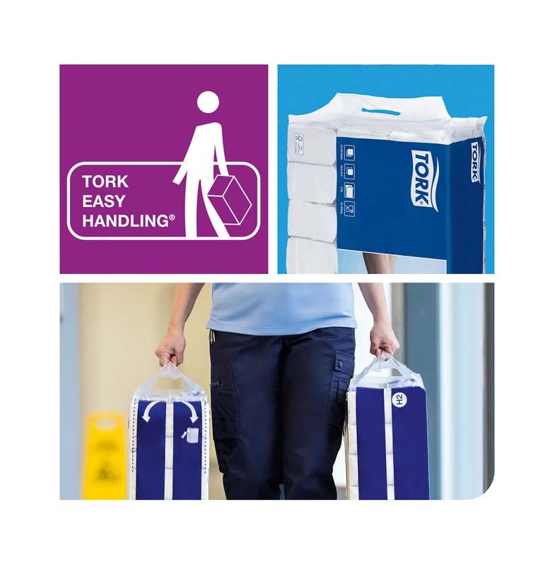 Tork Multifold Handtücher in praktischer Trageverpackung mit Griffen.