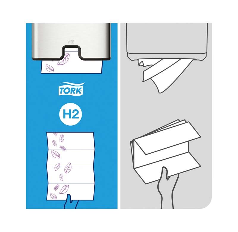 Tork Multifold Handtuch mit Dekorprägung und Handentnahme-Illustration.