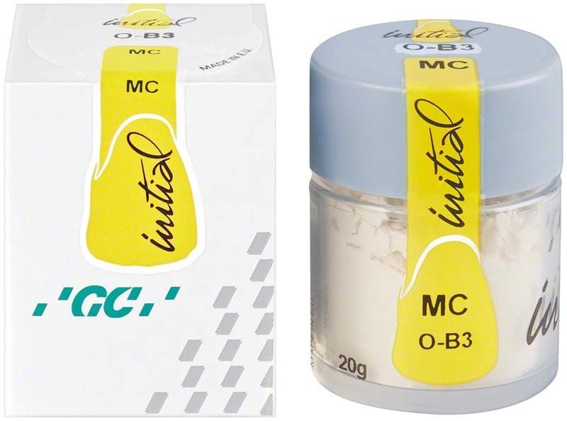 GC Initial MC Powder Opaque 20g O-B3 in Plastikbehälter mit gelbem Etikett.