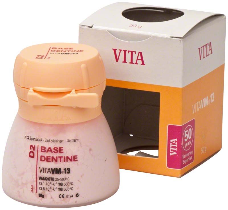 VITA VM13 Base Dentin D2, 50g Dose vor Verpackung.