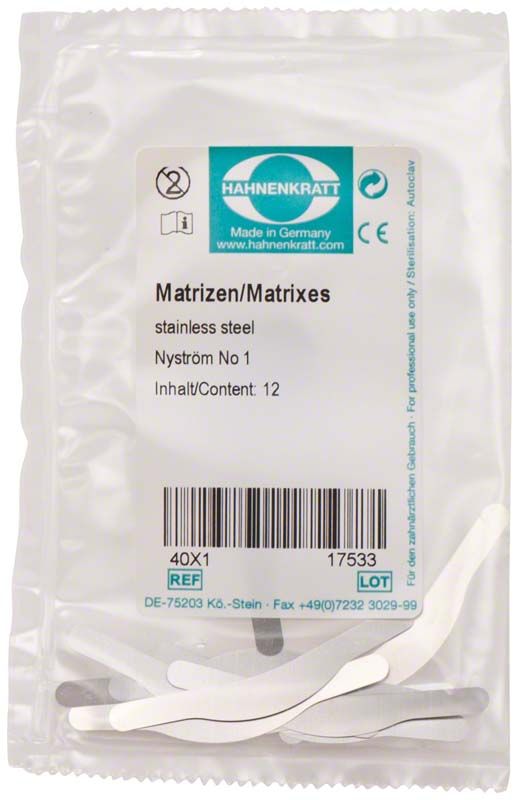 Matrizen Nyström 12er Packung aus Edelstahl in transparenter Verpackung.