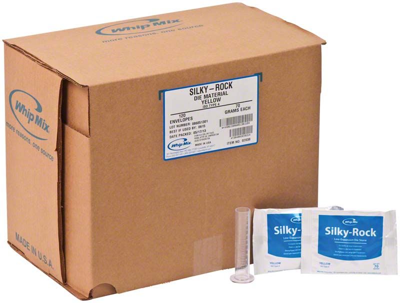 Silky-Rock Superhartgips Gelb in Kartonverpackung mit zwei Beuteln und Messzylinder.