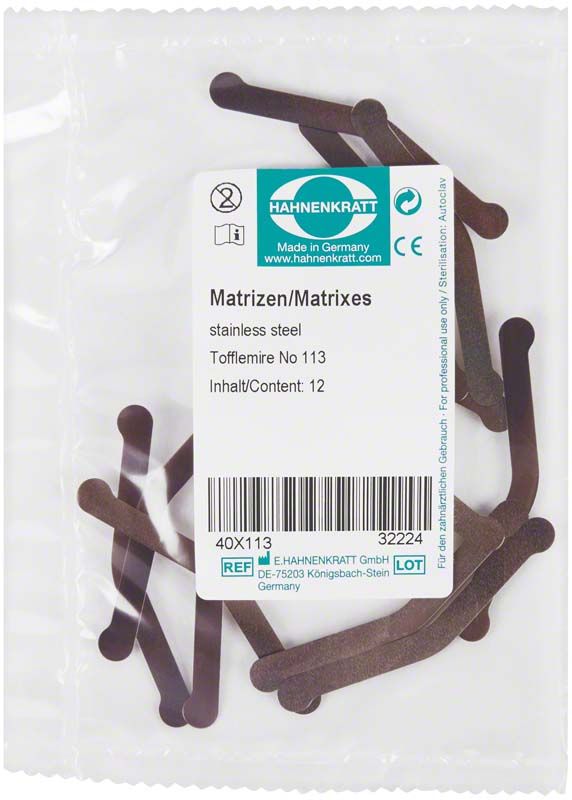 Matrizen Tofflemire 12er Packung aus rostfreiem Edelstahl in transparenter Verpackung.