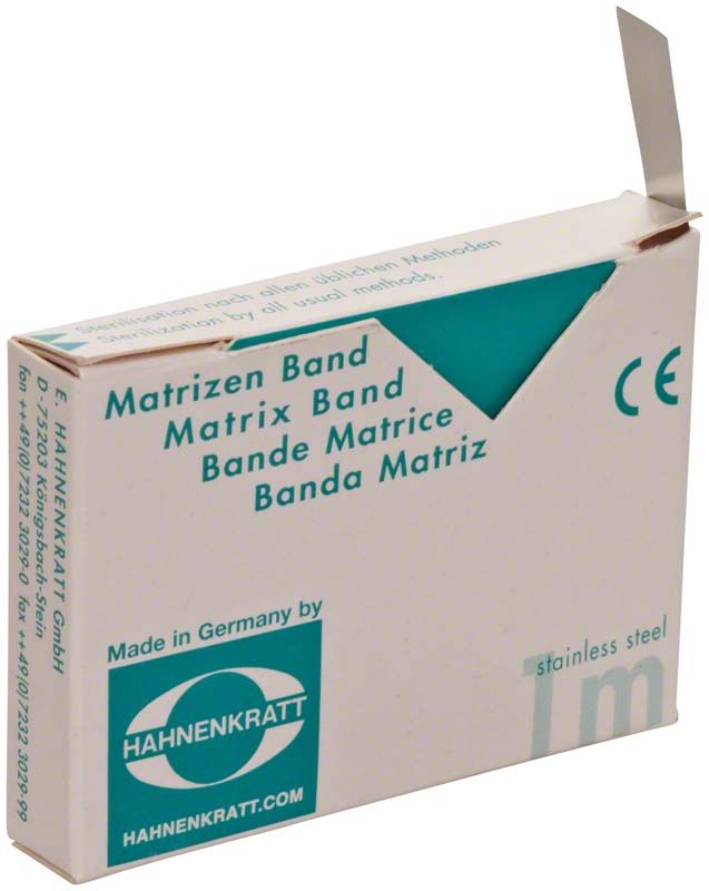 Matrizenband-Spenderbox aus Edelstahl mit Aufschrift und Markenlogo.