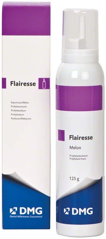 Flairesse Prophylaxeschaum Melone, 125 g, neben Originalverpackung.