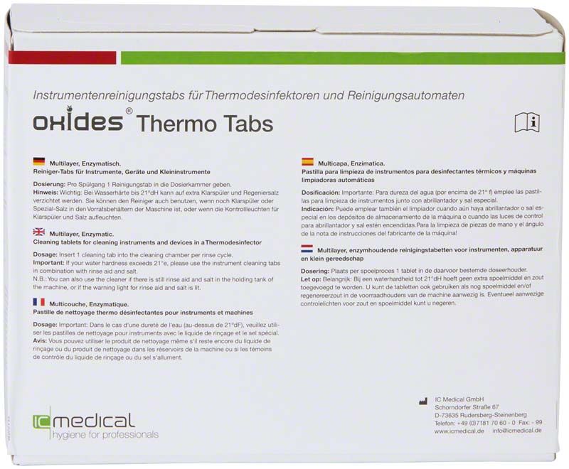 Instrumentenreinigungstabs oxides Thermo Tabs mit Verpackungstext und Produktinformationen.