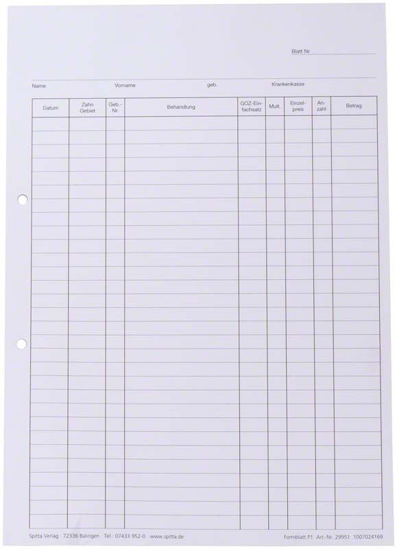 Krankenblatt P1 DIN A5 mit vorgedruckten Tabellen für Patientendaten.