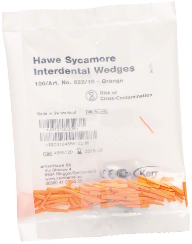 Interdentalkeile aus Ahornholz in transparenter Verpackung mit orangefarbenen Keilen.