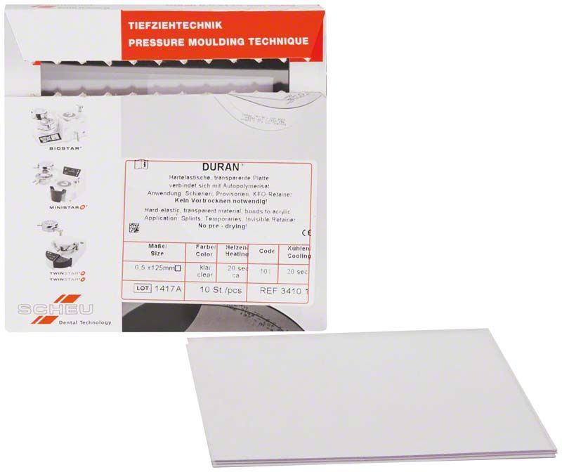 DURAN® 10er Packung mit 0,5 mm rechteckigen Folien, Verpackung und Produktansicht.