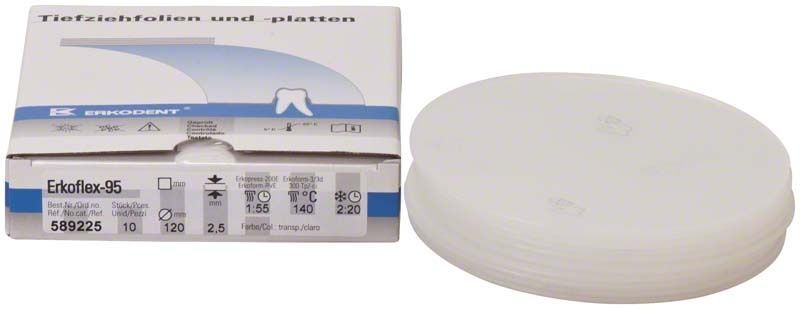 Erkoflex 95 Tiefziehfolie mit Verpackung und Stapel von runden Platten.