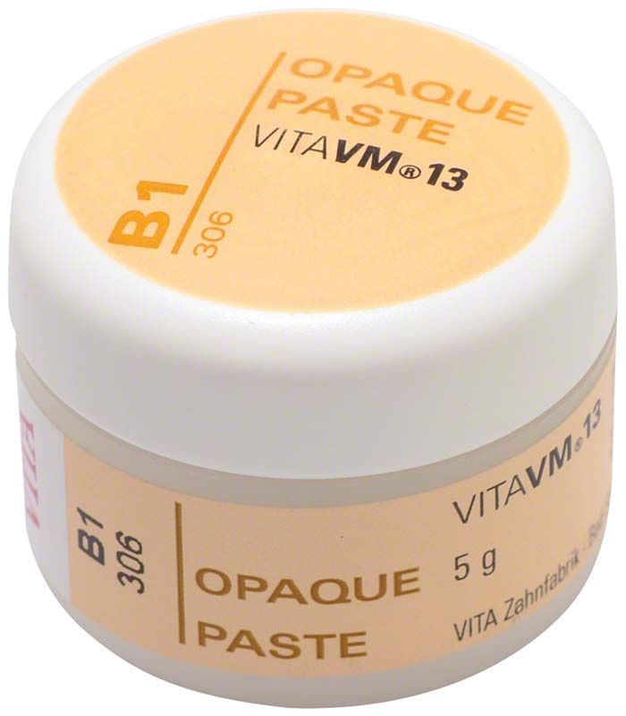 Weiße Dose der VM13 Opaque Paste B1 mit orangefarbenem Etikett.
