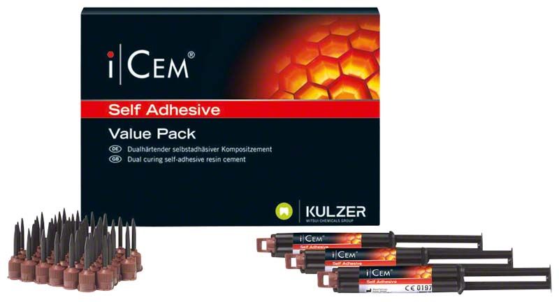 iCem Self Adhesive Value Pack mit Spritzen und Applikationsspitzen für Zahnbefestigung.